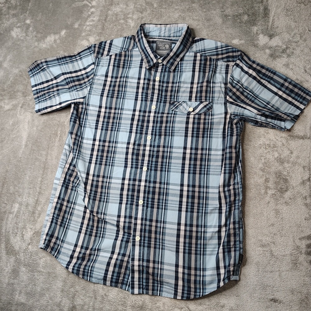 Mountain‎ Hardwear Button Down Shirt Mens Medium Blue Plaid Short Sleeve Pocket - Picture 2 of 7